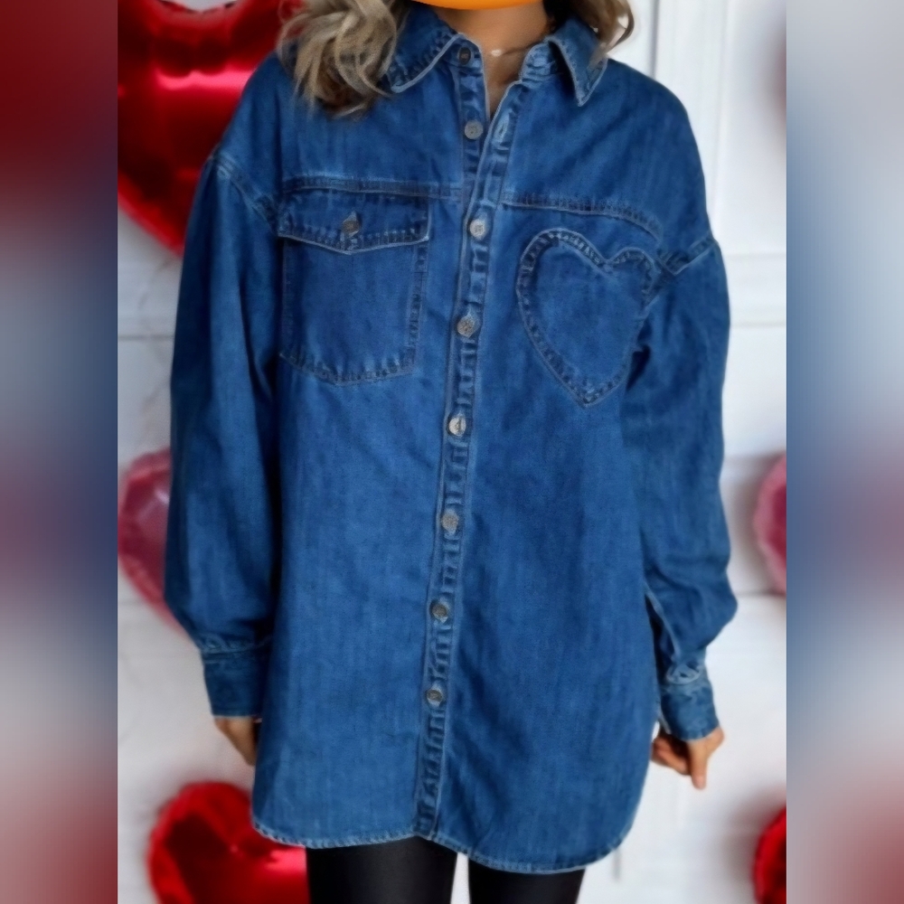 Woman's Oversized Dark Denim Listicle Button Front Top Heart Pocket Size M NWT